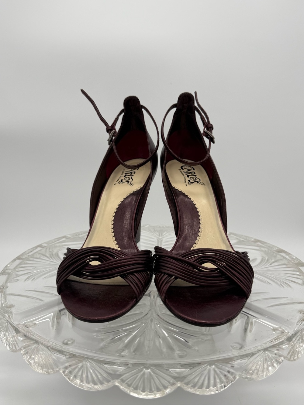 Carlos by Carlos Santana Woven Strappy Open-Toe Heels in Burgundy